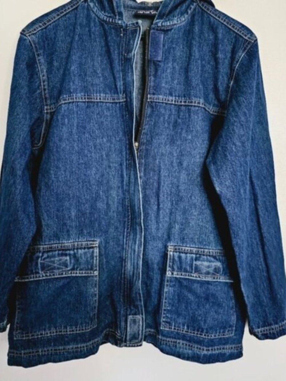 Blassport Women's Medium Blue Zip-up Front Long Length Denim Hooded Jacket